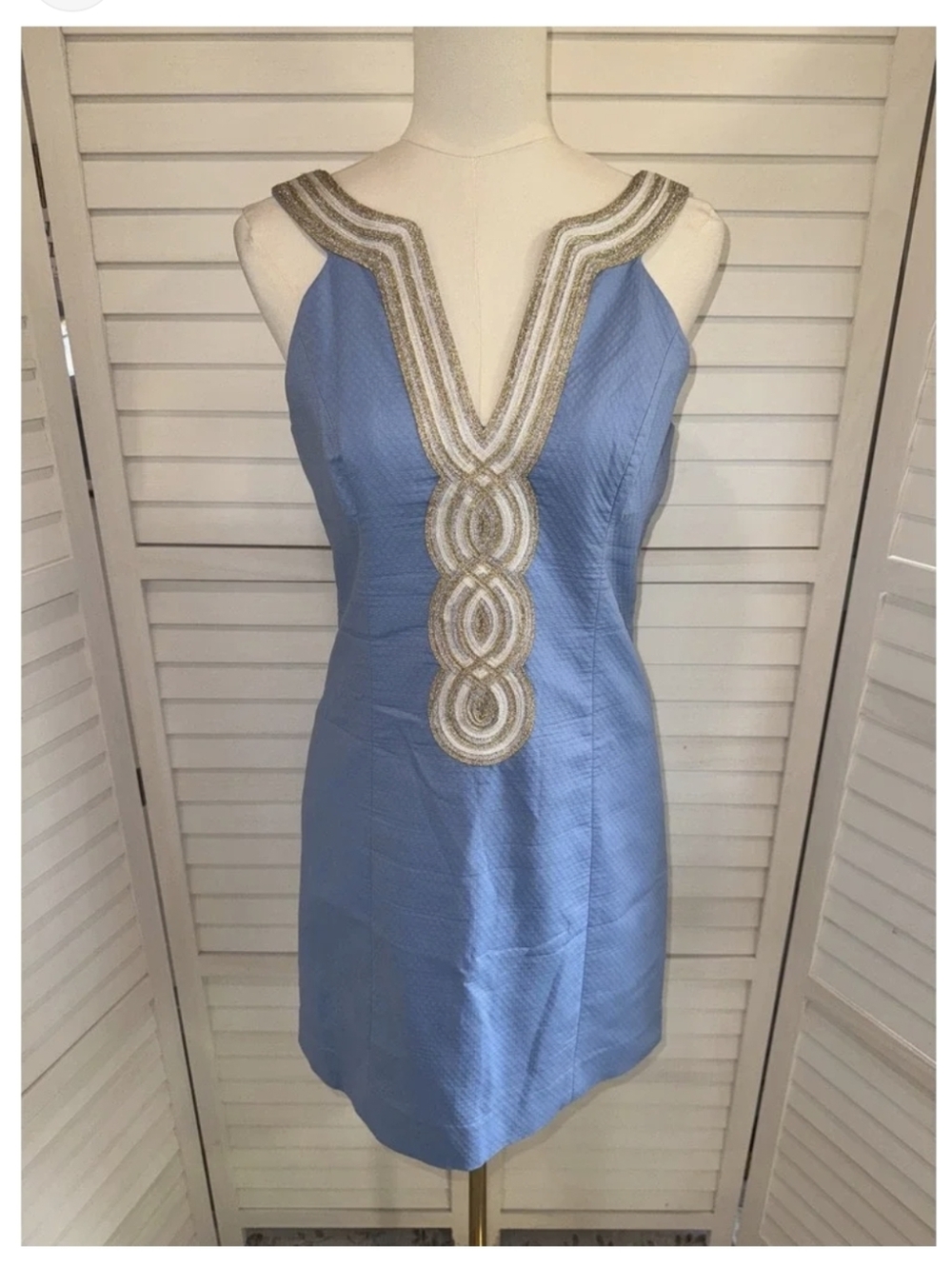 Lilly Pulitzer Powder Blue Sheath Dress with Gold Beaded V-Neck Size 4 - Picture 2 of 16